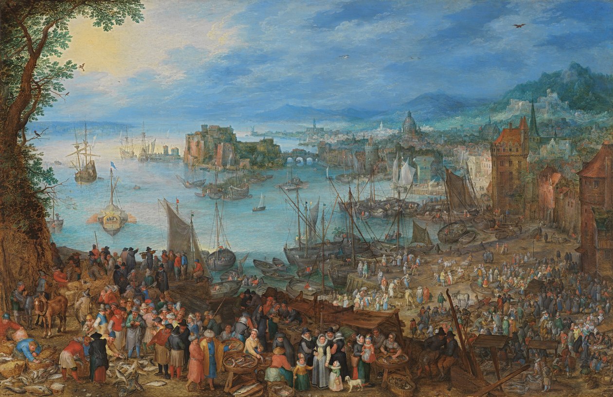 Stort fiskemarked af Jan the Elder Brueghel