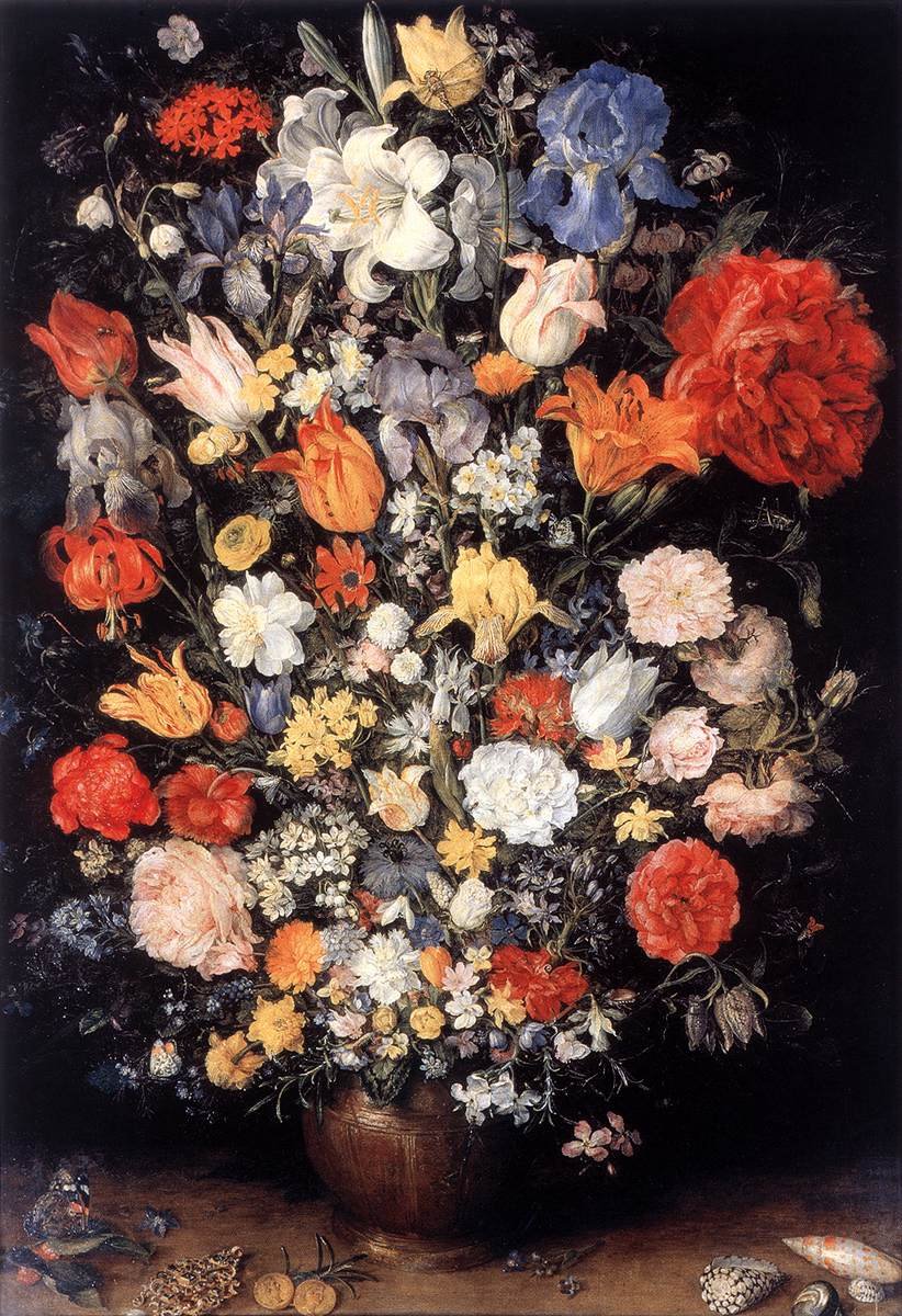 Vase med blomster med smykker, mønter og skaller af Jan the Elder Brueghel