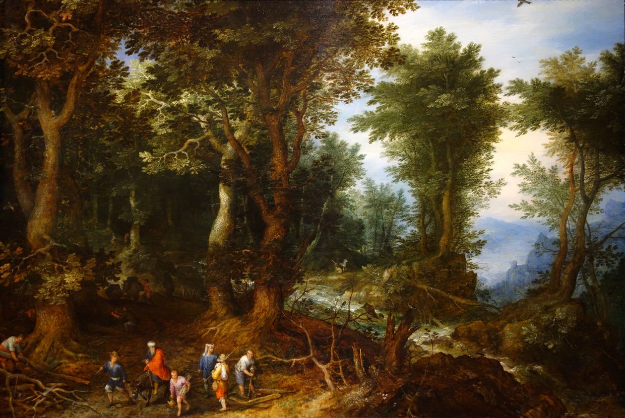 Skovklædt landskab med Abraham og Isak af Jan the Elder Brueghel