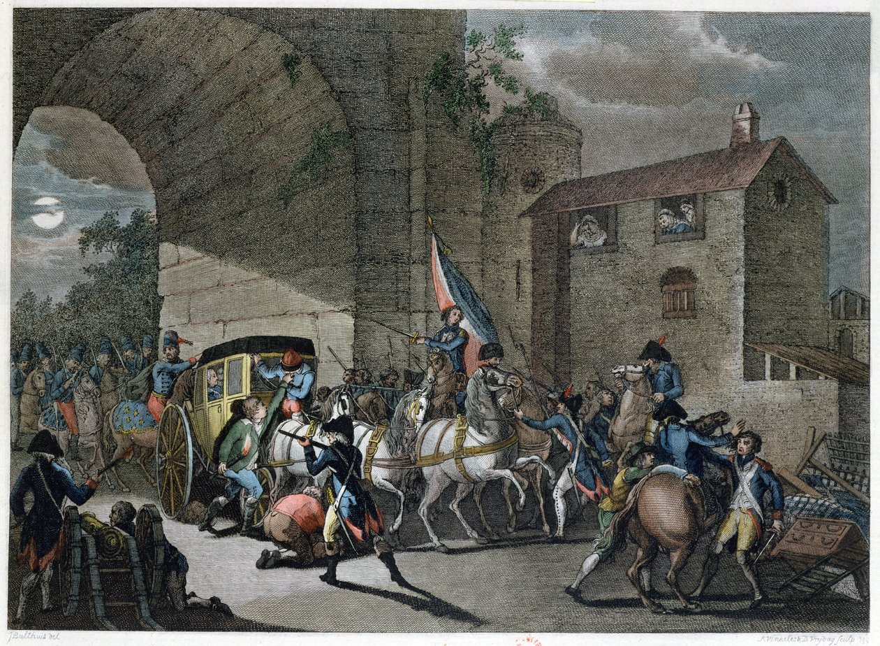 Anholdelsen af Ludvig XVI (1754-93) i Varennes, 22. juni 1791, graveret af Reinier Vinkeles (1741-1816) og Daniel Vrydag (1765-1822) af Jan Bulthuis