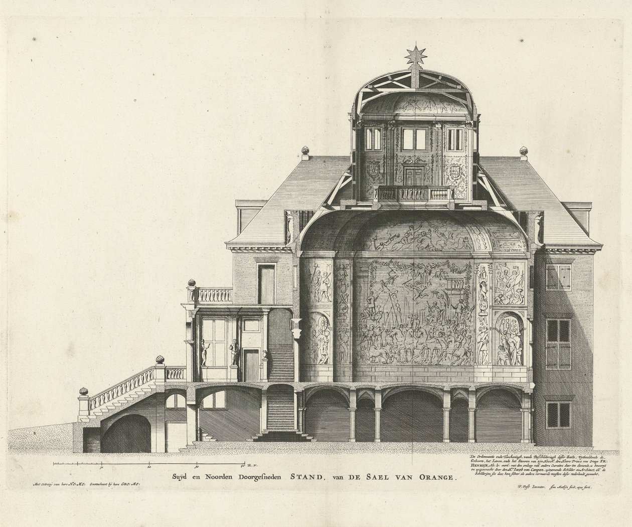 Tværsnit af Huis ten Bosch af Jan Mattysz. efter et design af Pieter Jansz. Post, 1655 af Jan Matthysz.