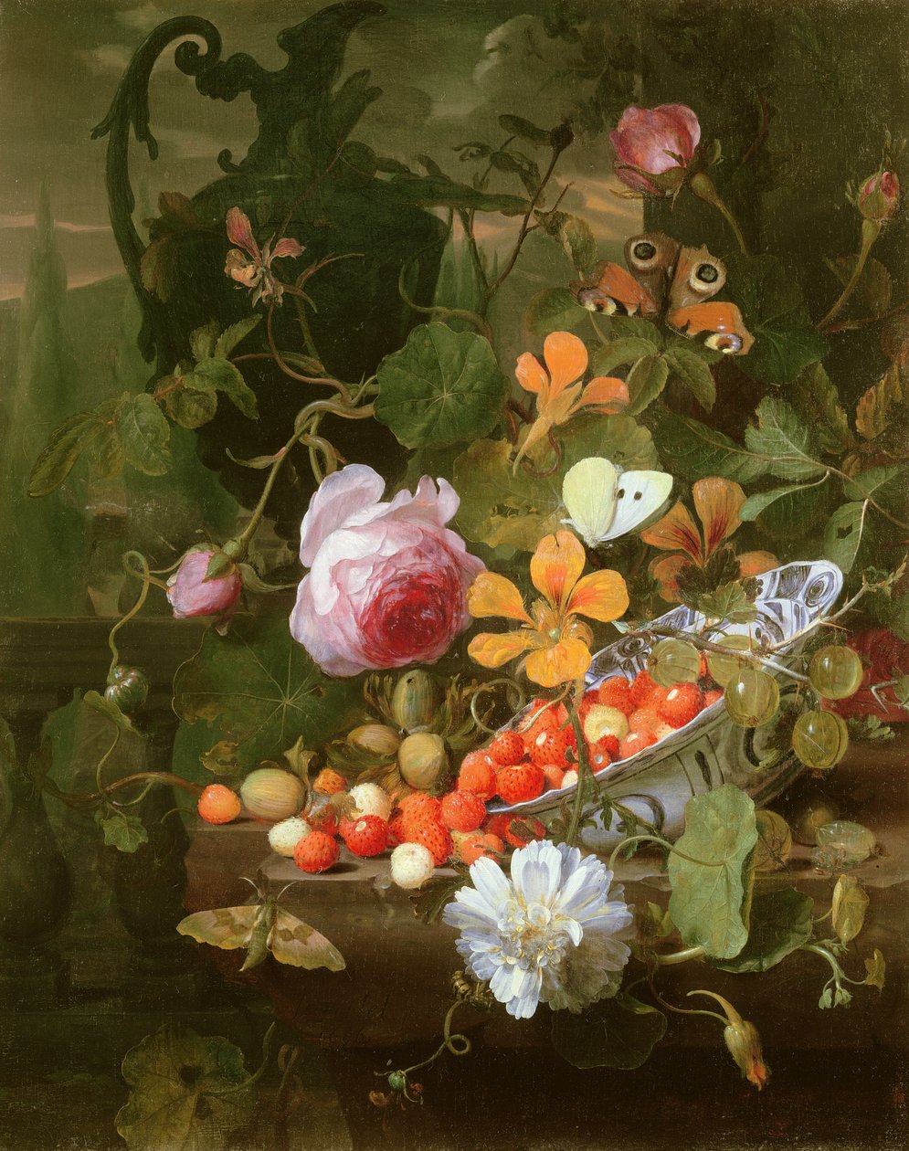 Et stilleben af jordbær i en skål og blomster, 1696 af Jan Mortel