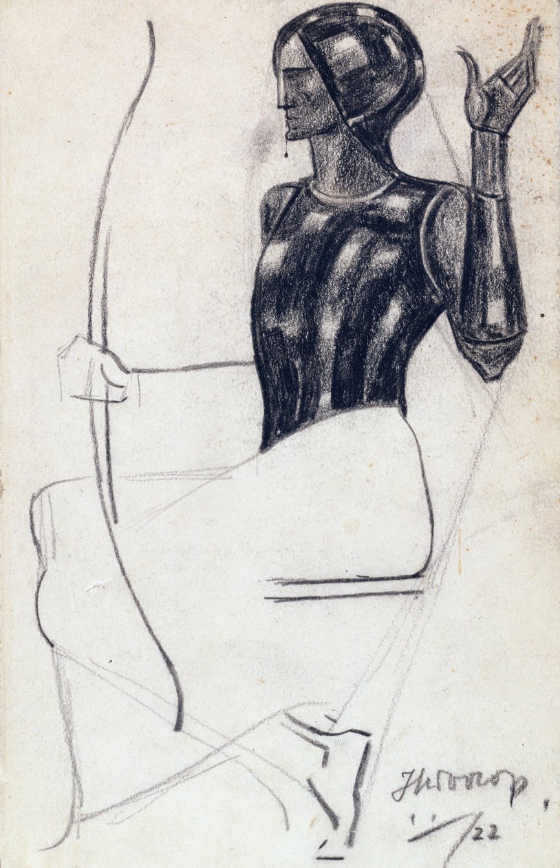 Siddende kvindelig bueskytte, 1922 (kridt på papir) af Jan Toorop