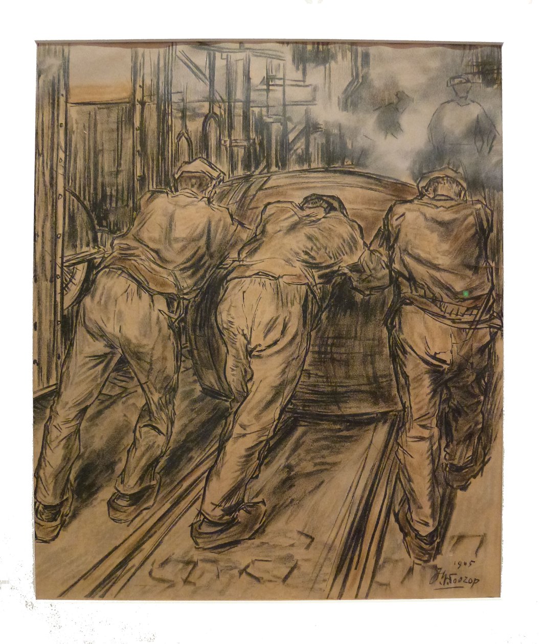 Transport af råvarerne i lysfabrikken, træfade med råt fedt, bliver kørt ind i fabrikshallen 1 af de 12 litos, som Toorop lavede om fremstilling af stearinlys af Jan Toorop