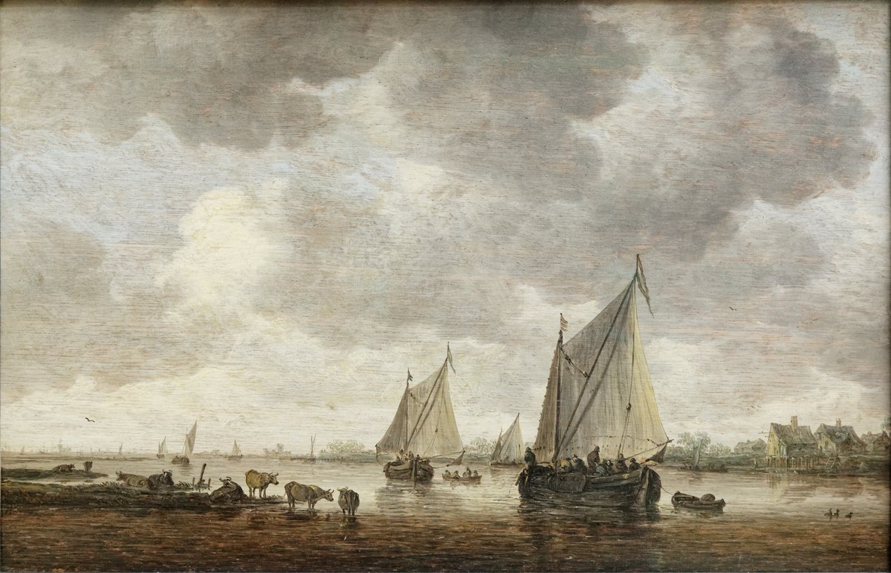 To store sejlbåde på en flod og kvæg nær kysten af Jan Josephsz van Goyen