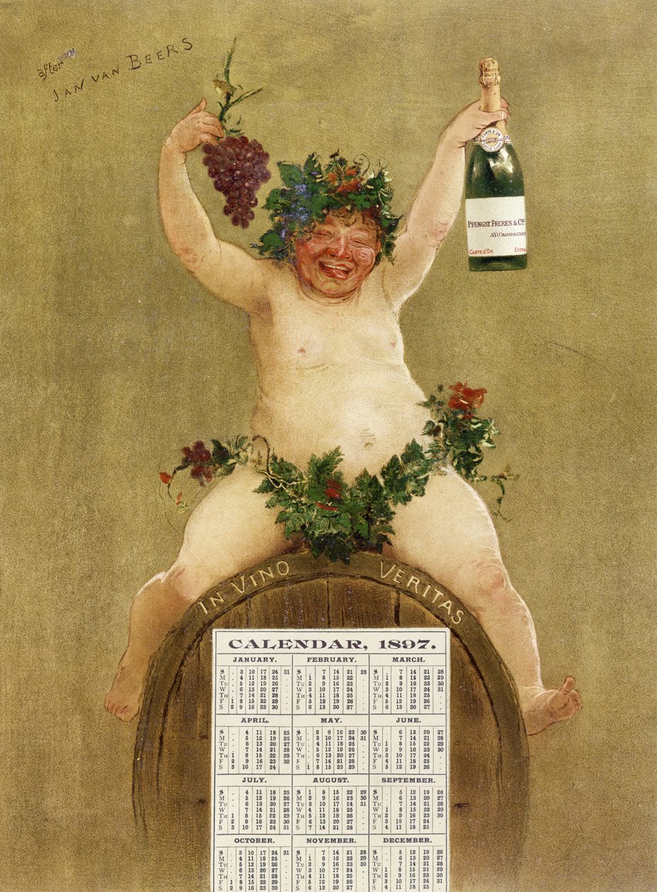 Reklamekalender for Pfungst Freres Champagne, med Bacchus siddende på en tønde med påskriften "In Vino Veritas", 1897 af Jan van Beers