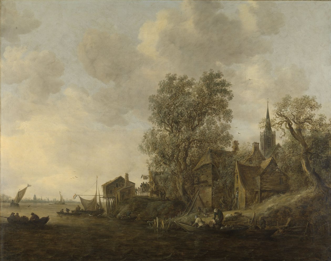 Udsigt over en by ved en flod af Jan Josephsz van Goyen