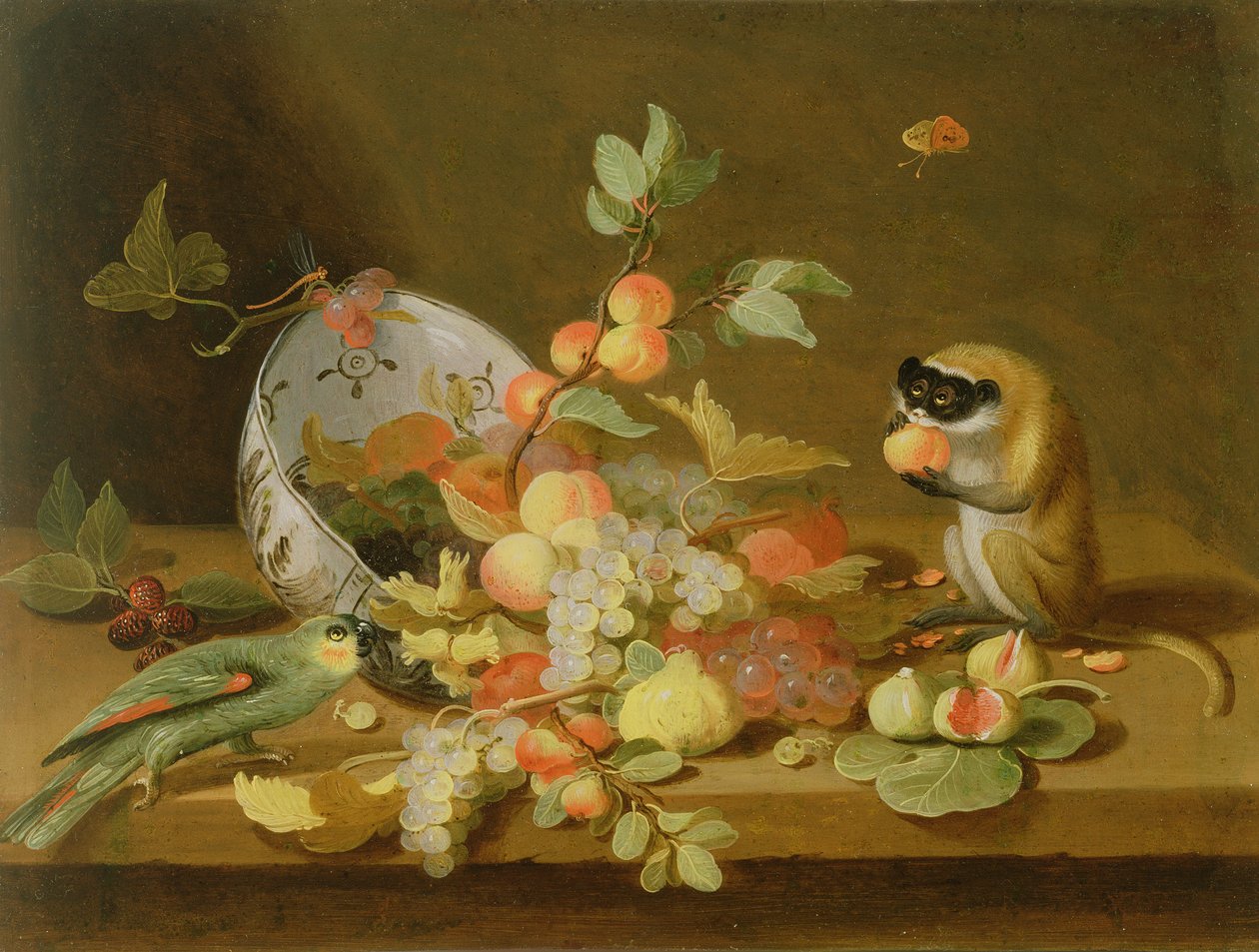 Druer og ferskner spilder fra en væltet Delft-skål (olie på kobber) af Jan van Kessel the Elder