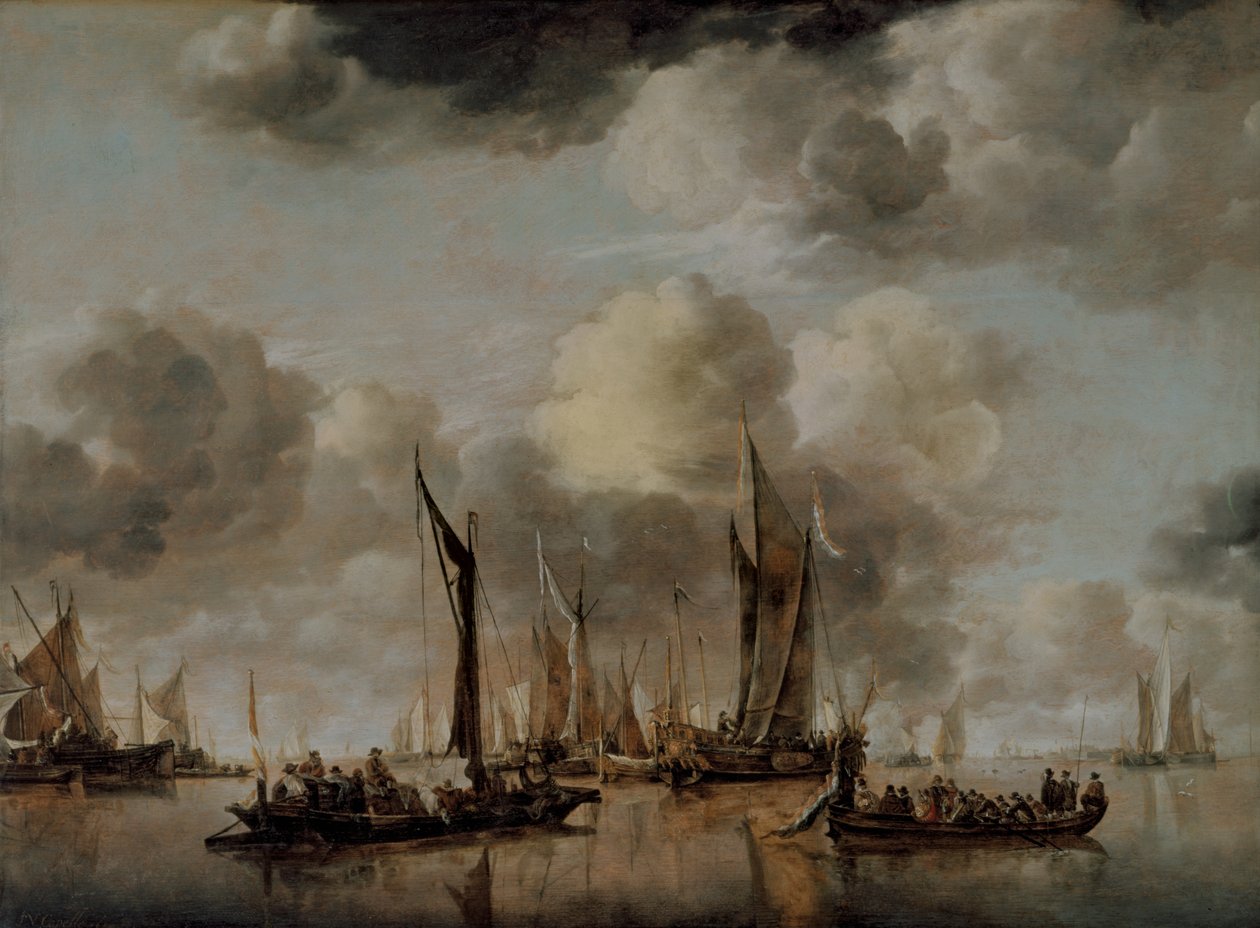 En hollandsk yacht, der affyrer en hilsen, mens en pram trækker sig væk, 1650 af Jan van de Capelle or Cappelle
