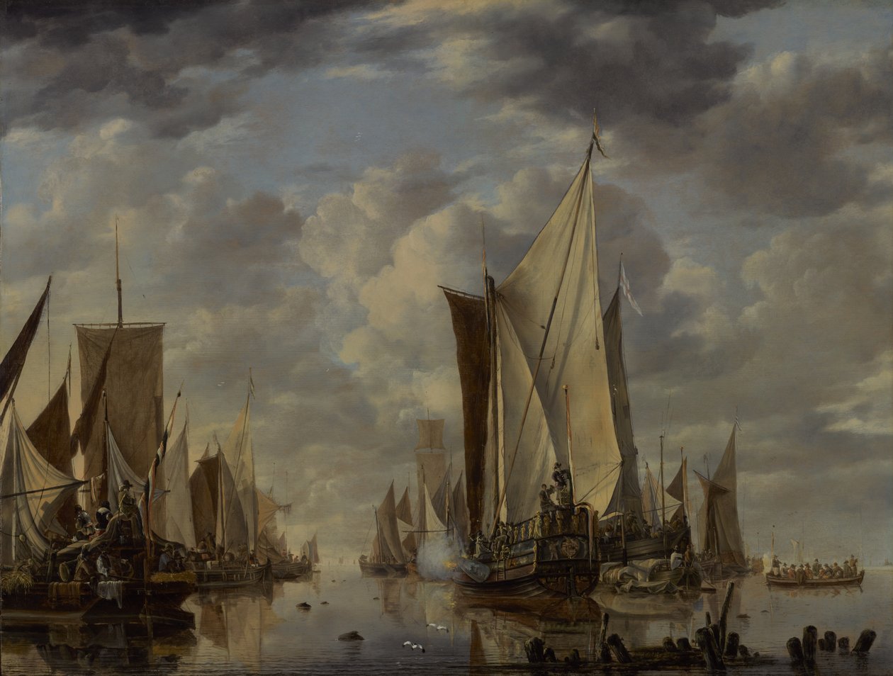 Skibsfart i ro ved skylning med en generalstatsyacht, der skyder en hilsen af Jan van de Cappelle