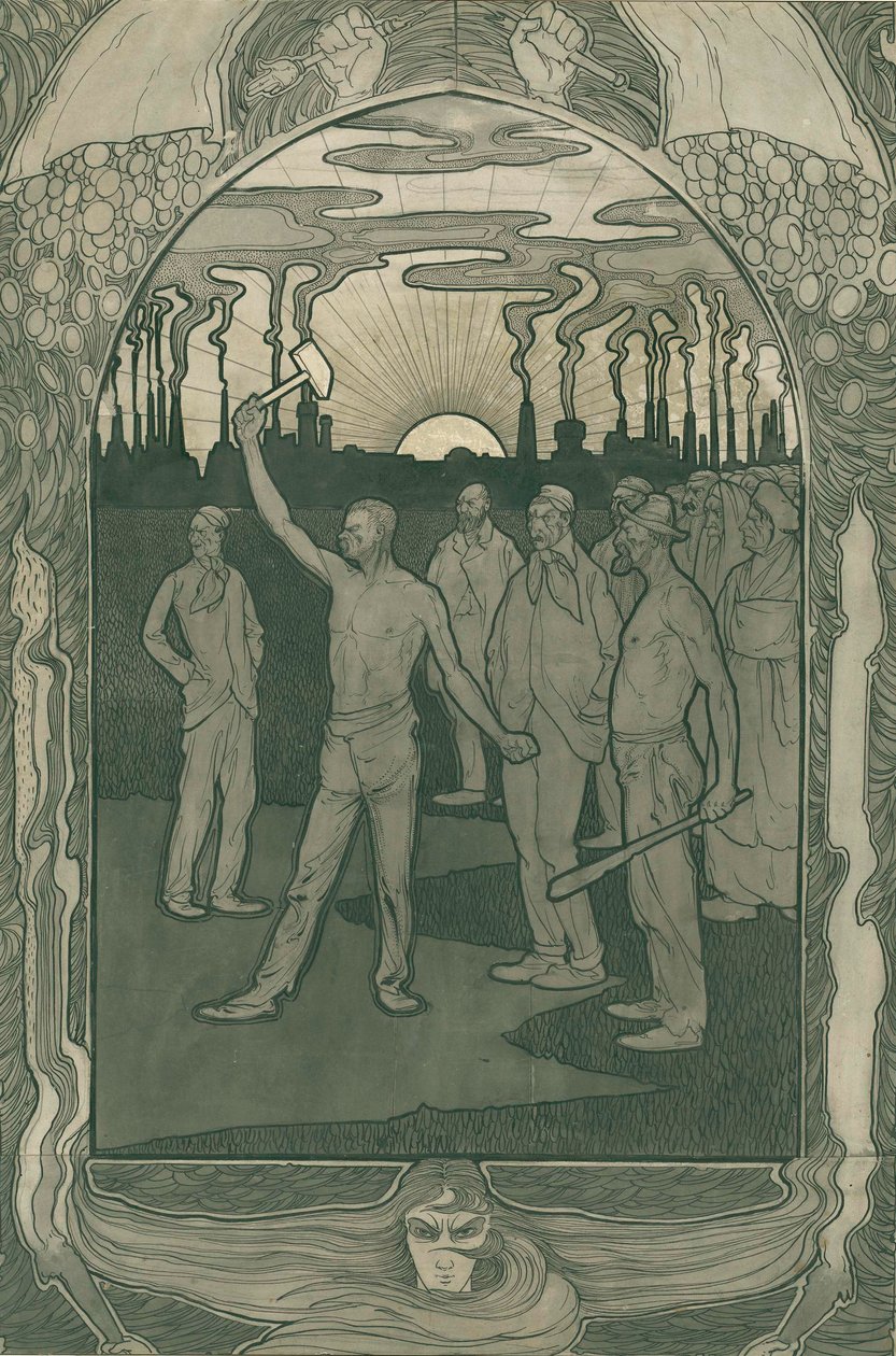 Fabriksarbejdere står stærkt forenet, 1900 (pen på papir) af Jan van der Vaardt