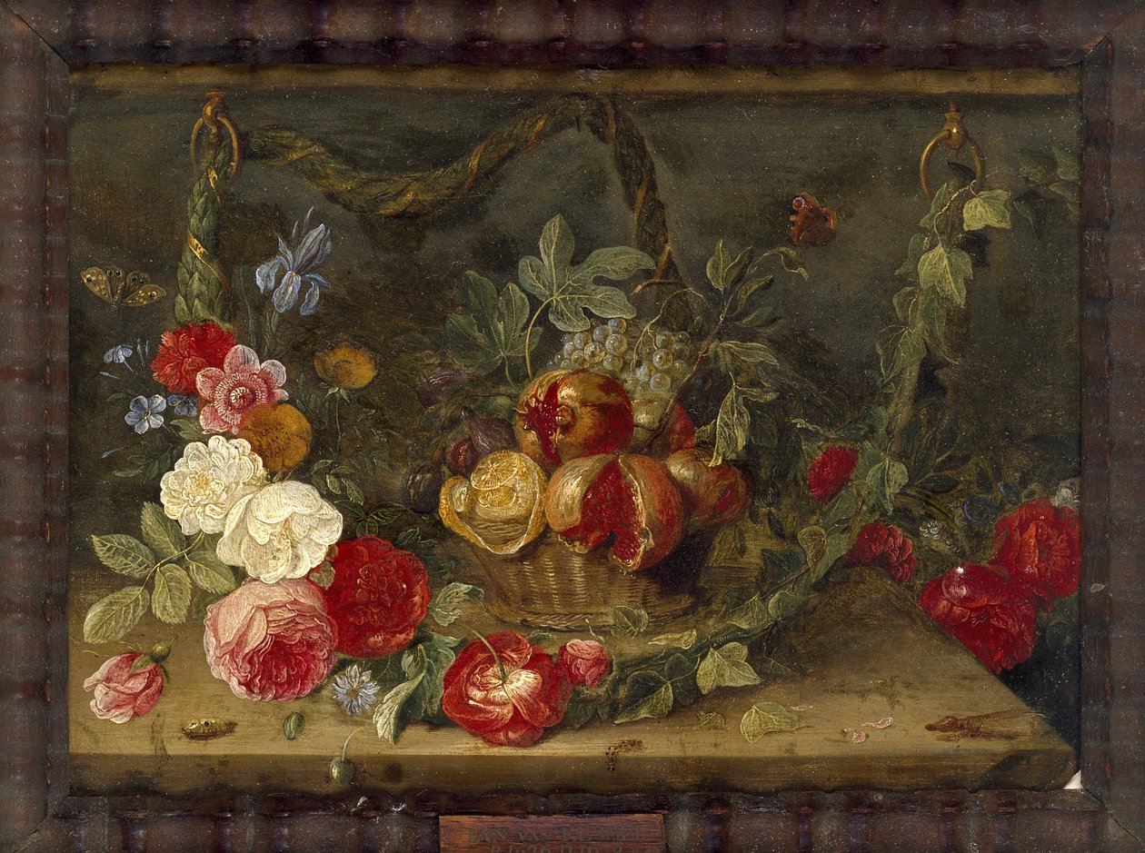 Dekorativ stillebenssammensætning med en frugtkurv (olie på kobber) af Jan van Kessel the Elder
