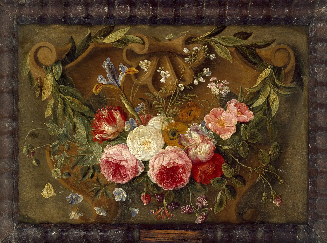 Dekorativ stillebenskomposition med en blomsterkrans (olie på kobber) af Jan van Kessel the Elder