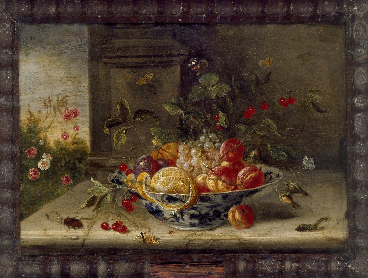 Dekorativ stilleben-sammensætning med porcelænsskål, frugt og insekter (olie på kobber) af Jan van Kessel the Elder
