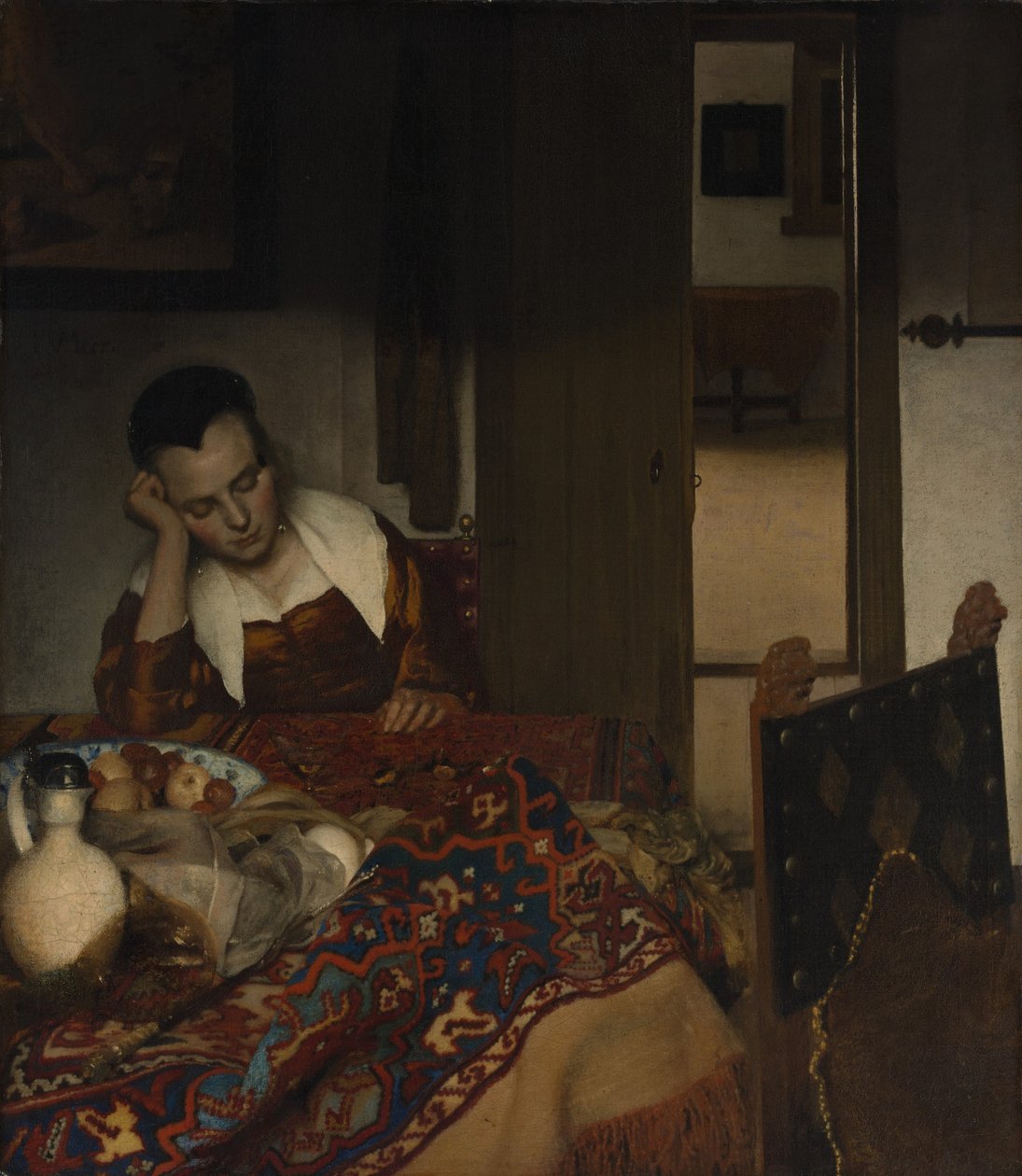 Pige sover ved et bord af Johannes Vermeer