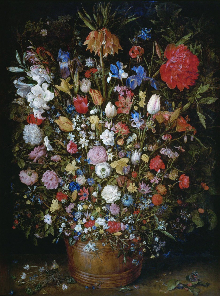 Blomster i en træbeholder af Jan Brueghel the Elder