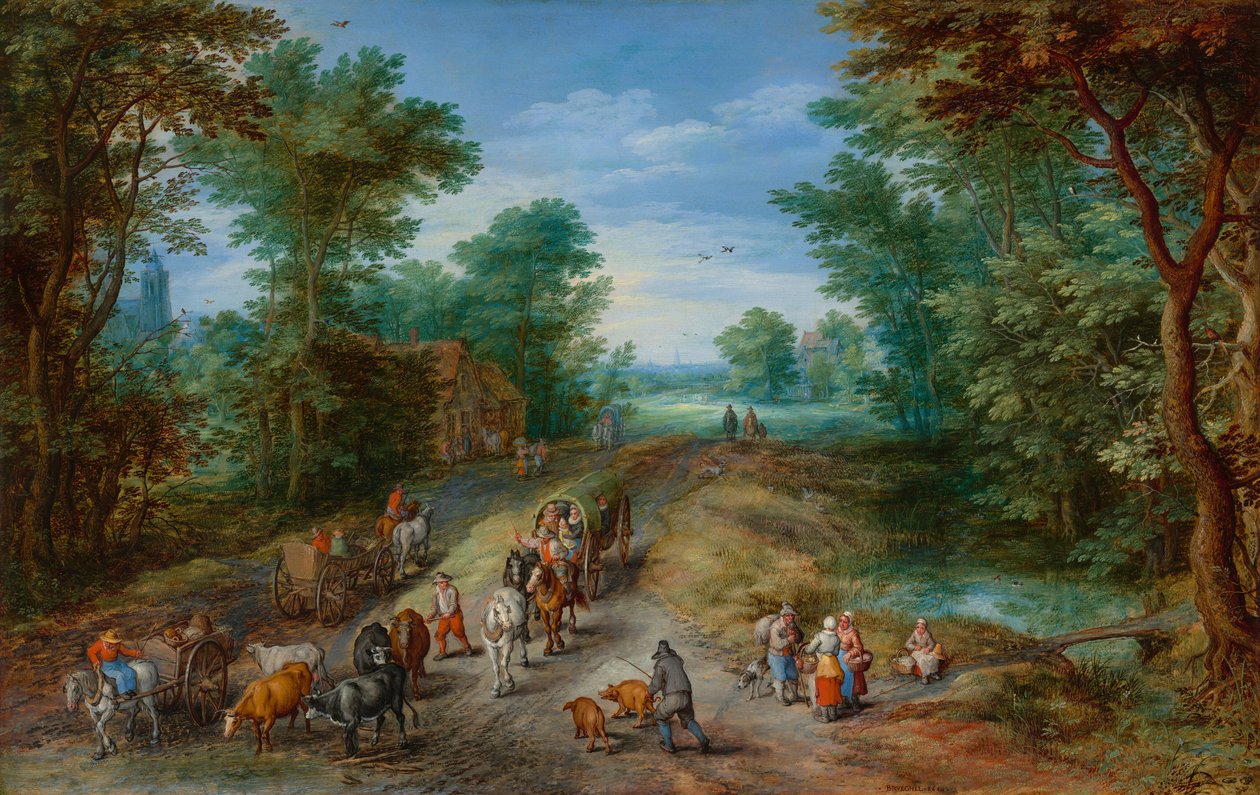 Skovklædt landskab med rejsende, 1610. af Jan Brueghel the Elder