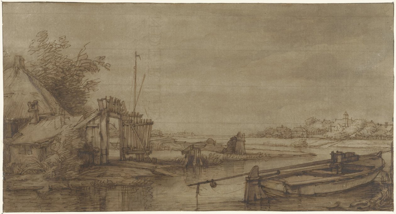 Sejlerudsigt med gård og liggende pram af Jan Hulswit (possibly)