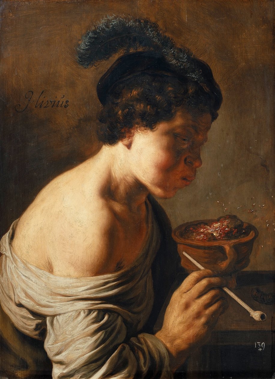 En ung mand blæser på kul. af Jan Lievens