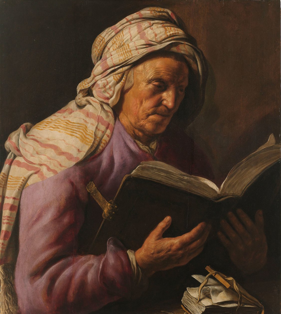 Gammel kvinde læser af Jan Lievens