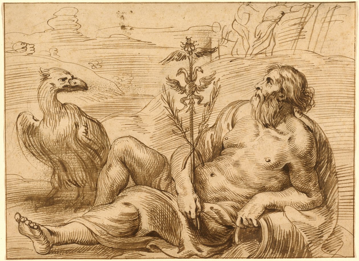 Flodgud med en ørn af Jan Lievens