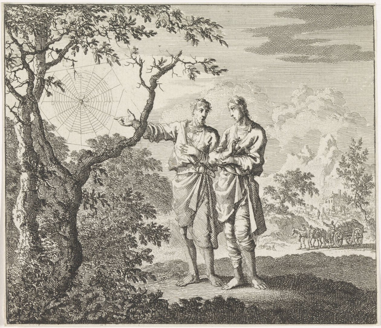 Emblem: edderkop To mænd ser på et edderkoppespind af Jan Luyken
