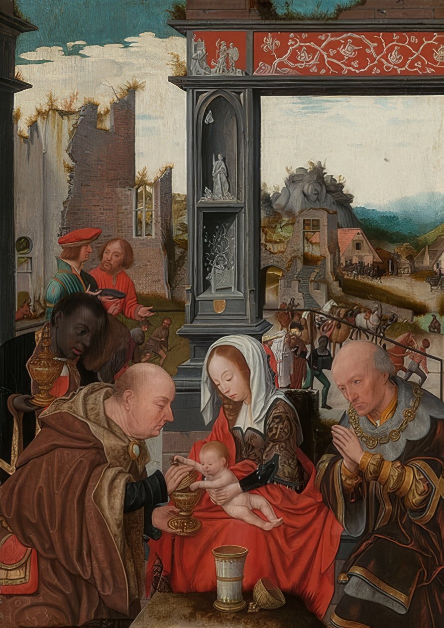 Tilbedelse af Magi. Omkring 1520-25 af Jan Mostaert