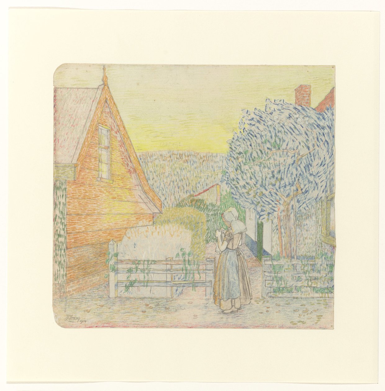Zeeland pige, strikker i en gårdhave af Jan Toorop