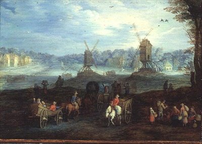 Landskab med vindmøller (panel) af Jan the Elder Brueghel