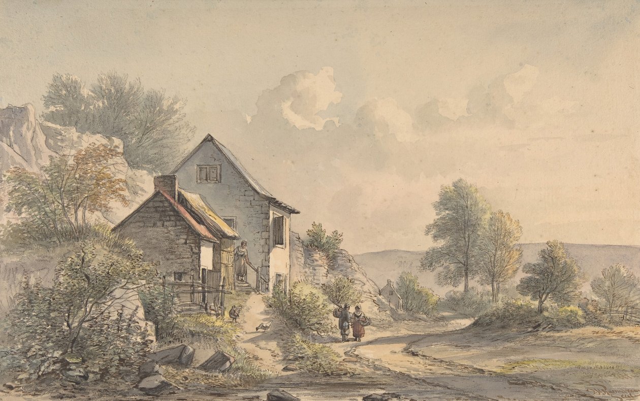 Landsbyscene med figurer, 1800-tallet. af Jan van Ravenswaay