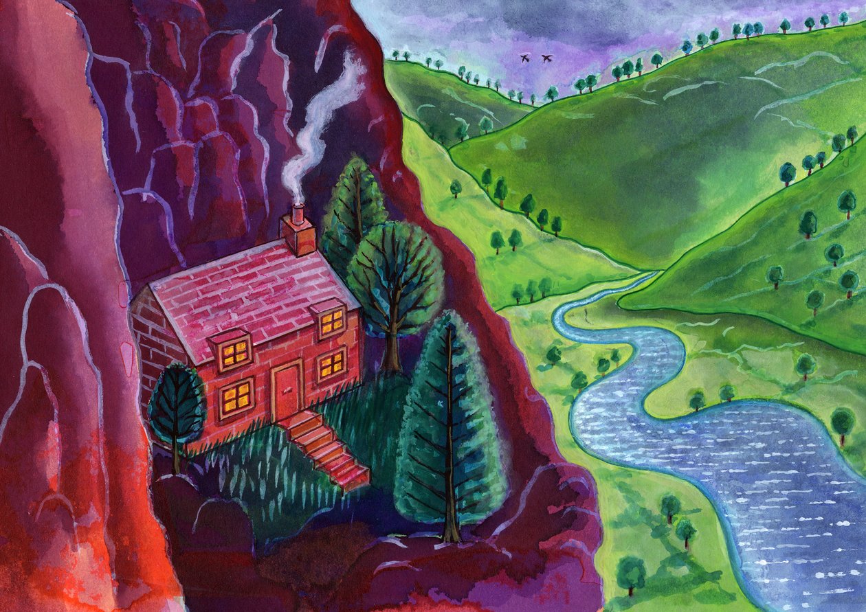 Hus i bjergene,2002, (blæk og gouache) af Jane Tattersfield