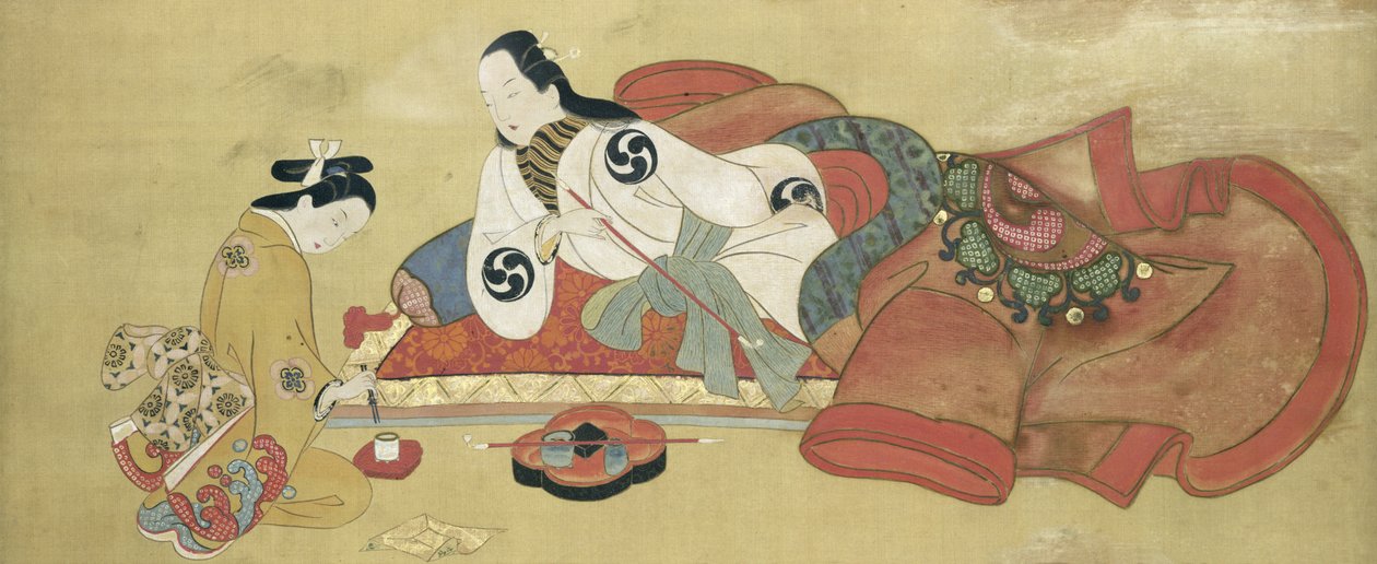 En mand der ryger og hans tjener (malet silke) af Japanese School