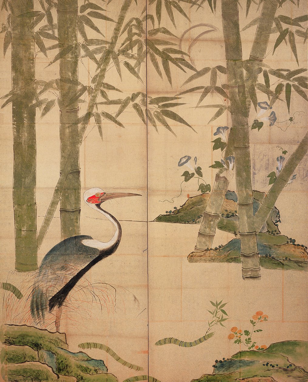 Bambus og kran, Edo-periode (wc på panel) af Japanese School