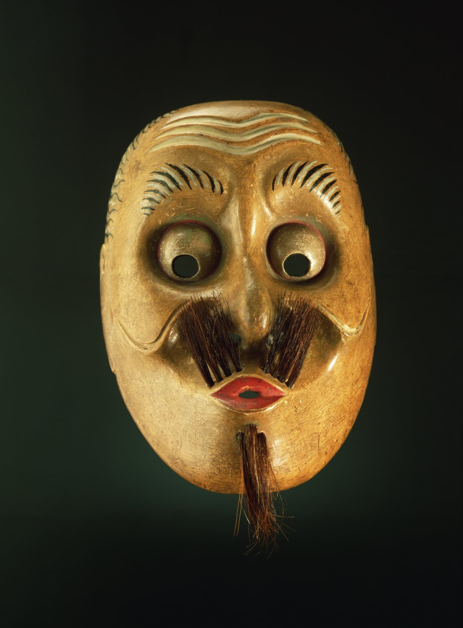 Comical Mask, Noh Theatre (malet træ) af Japanese School