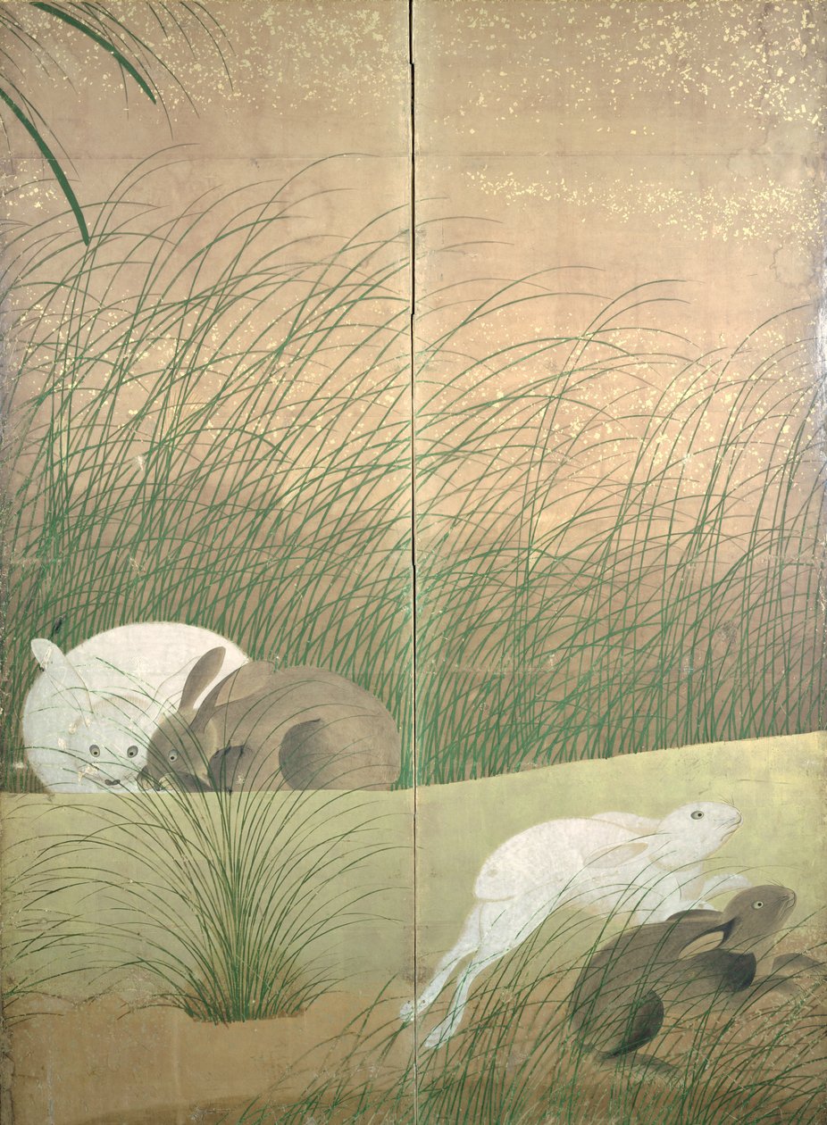 Harer og efterårsgræsser, ca. 1700 (blæk, farve og guld på papir) af Japanese School