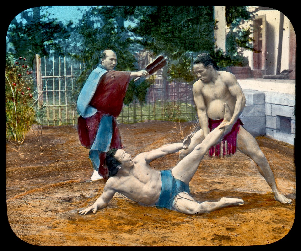 Magic Lantern Slide af Sumo Wrestlers. 1895 af Japanese School