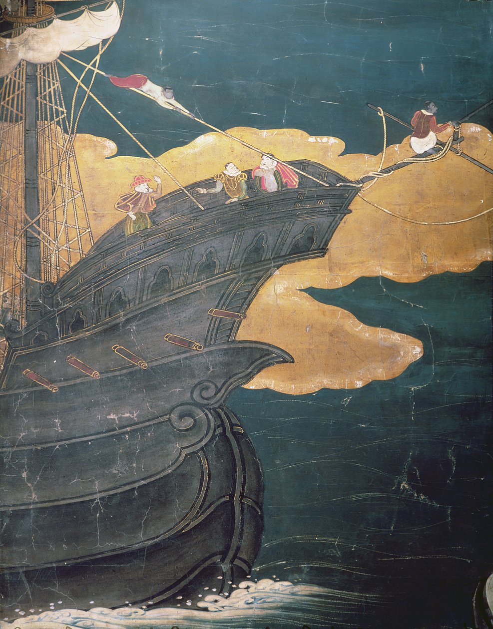 Portugisernes ankomst til Japan, detalje af skibsstævnen, fra en Namban Byobu-skærm, 1594-1618 af Japanese School
