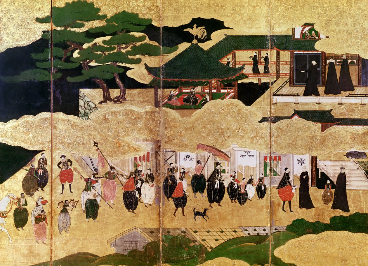 Portugisernes ankomst til Japan, detalje af den højre del af en foldeskærm, Kano School (lak) af Japanese School