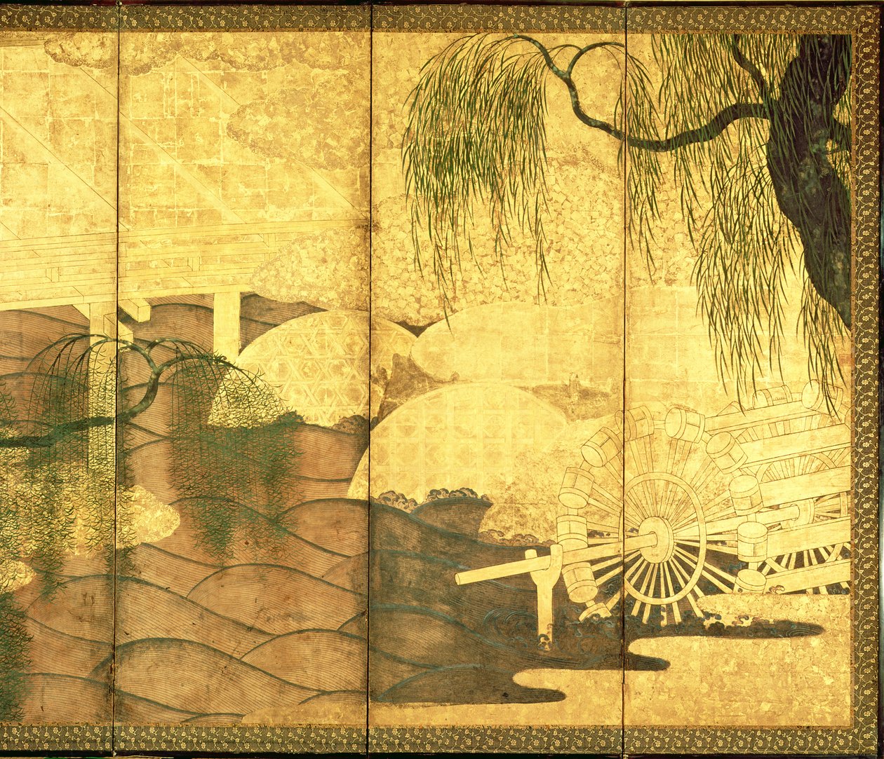 Broen over Liji-floden (pen og blæk, farve og guldpapir på panel) (se 216569) af Japanese School