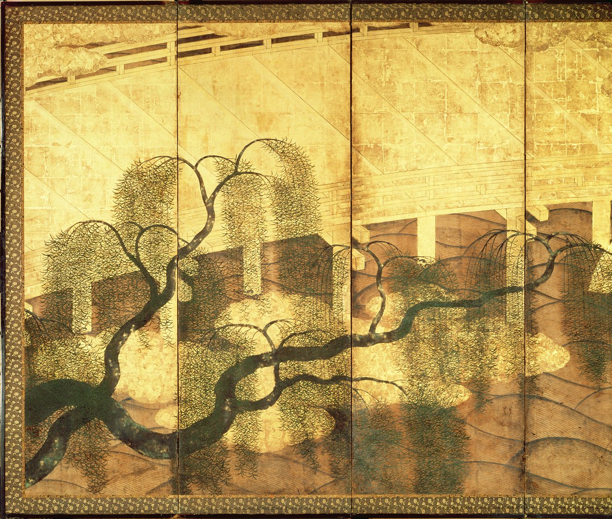 Broen over Liji-floden (pen og blæk, farve og guldpapir på panel) (se 216570) af Japanese School