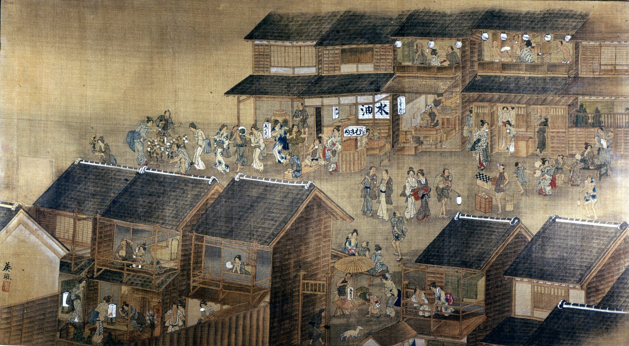 Edo by Night (blæk og farve på papir) af Japanese School