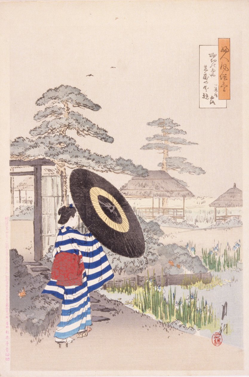 Lady With A Parasol (farvet træbloktryk) af Japanese School