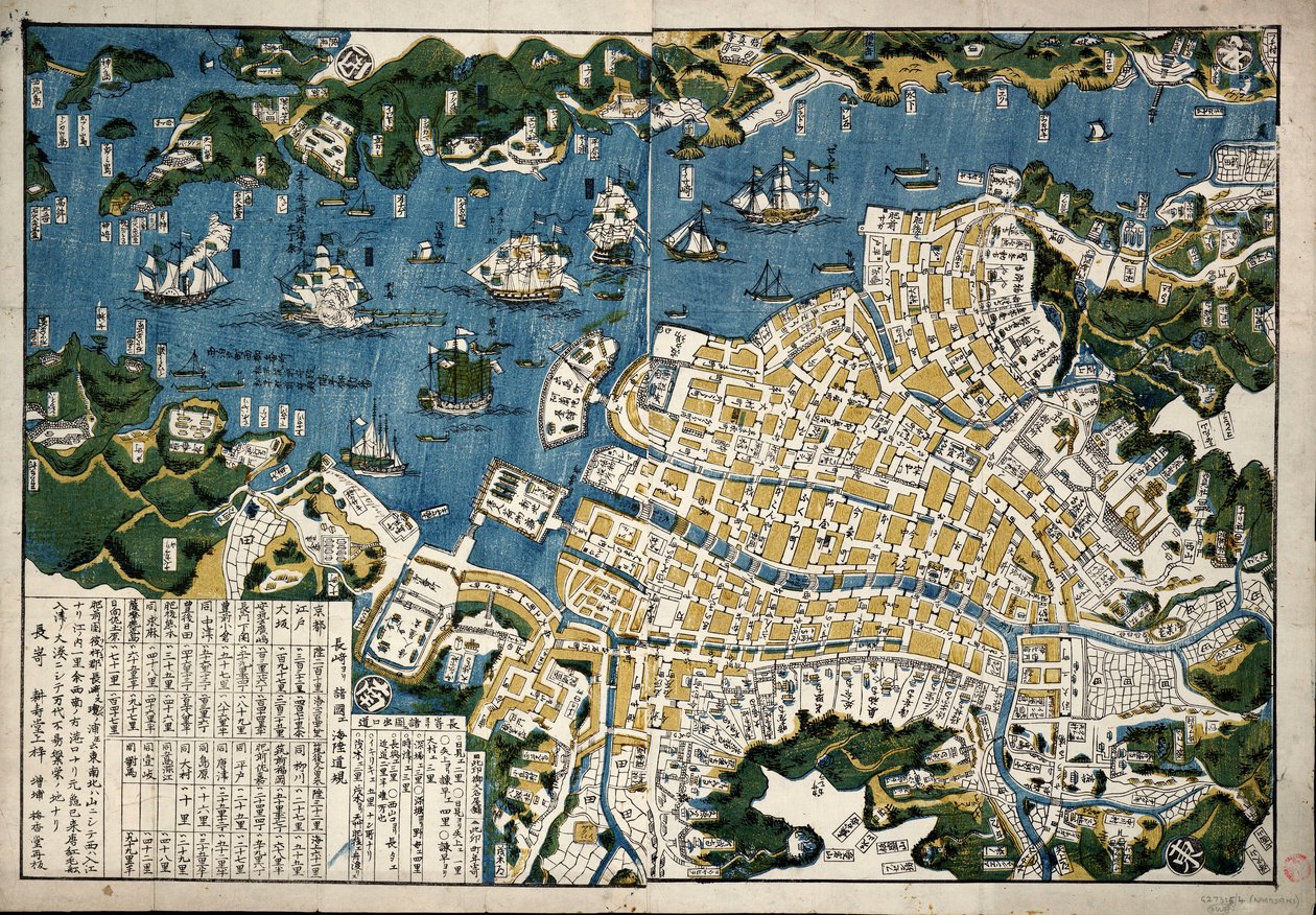 Kort over Nagasaki, Japan, ca. 1868 (farvelagt træsnit) af Japanese School