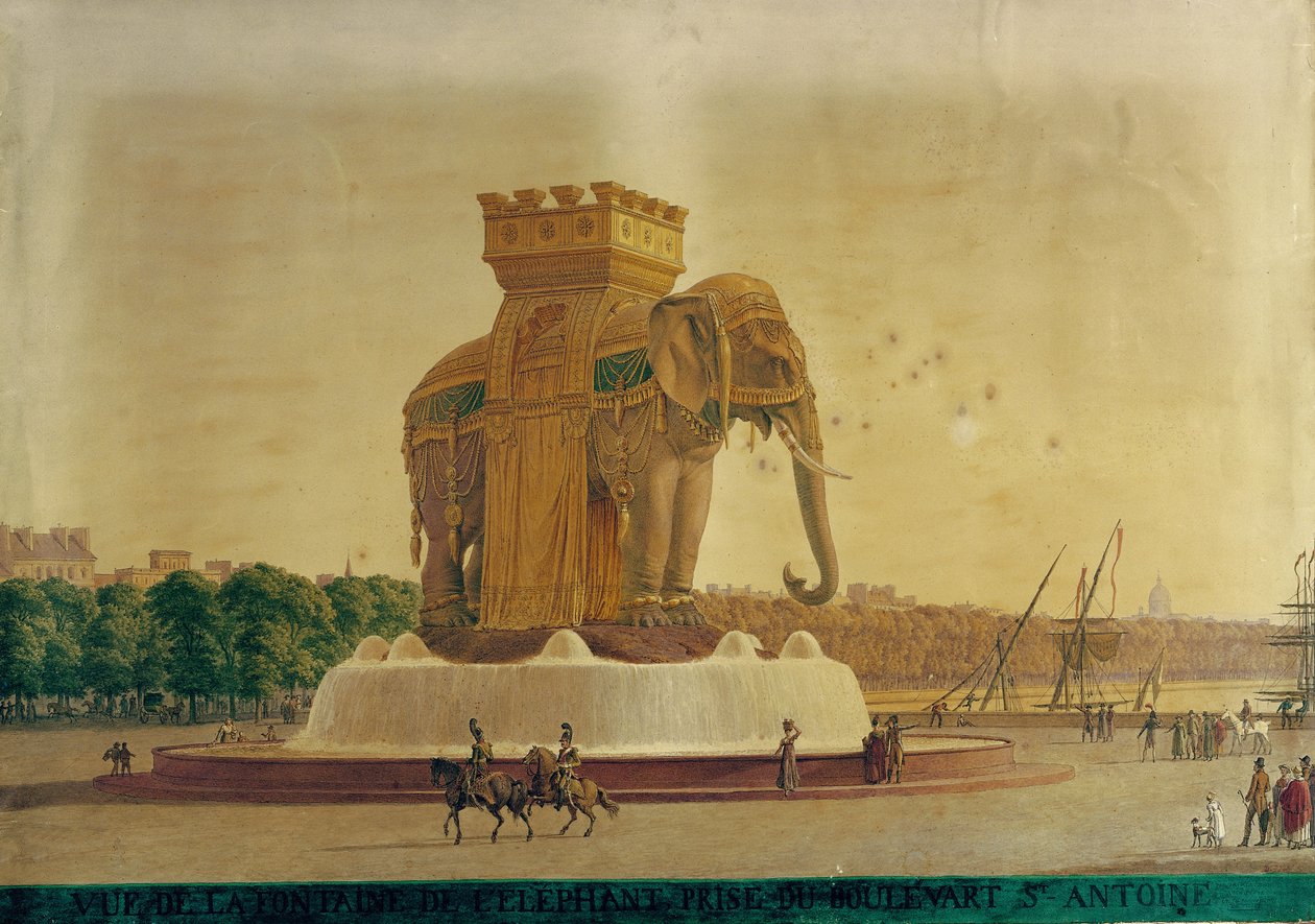 Udsigt over elefantfontænen ved Place de la Bastille, ca. 1805-1810 (wc på papir) af Jean Antoine Alavoine
