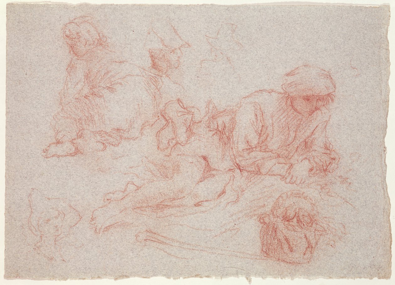 Studie af en tilbagelænet mand (rødt kridt på papir) af Jean Antoine Watteau