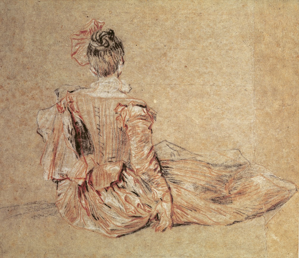 Studie af en kvinde set bagfra, 1716-18 (kridt på papir) af Jean Antoine Watteau