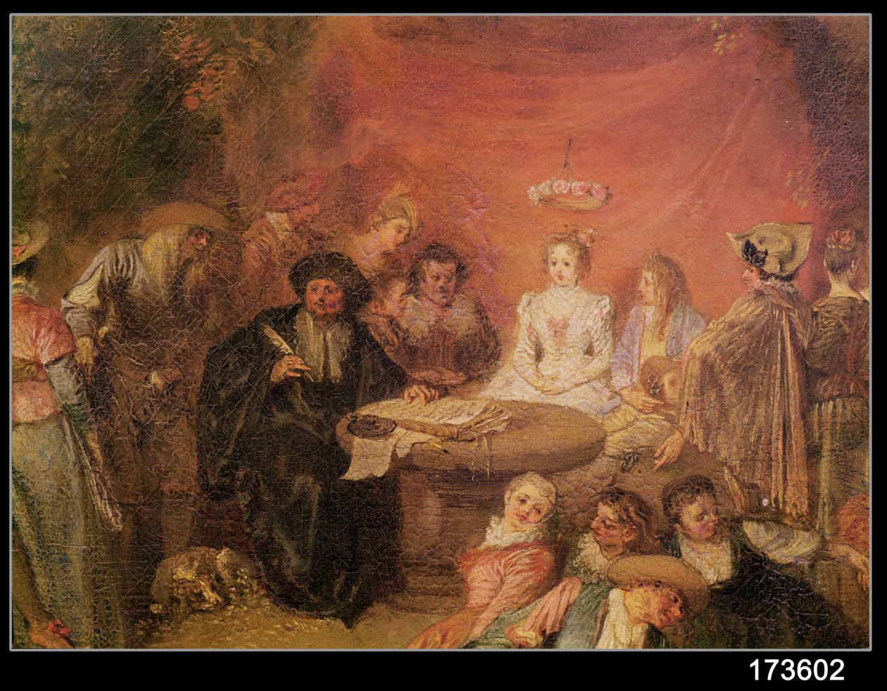 Brudeparrets bord, detalje fra Ægteskabskontrakten, ca.1712-13 (detalje af 38782) af Jean Antoine Watteau