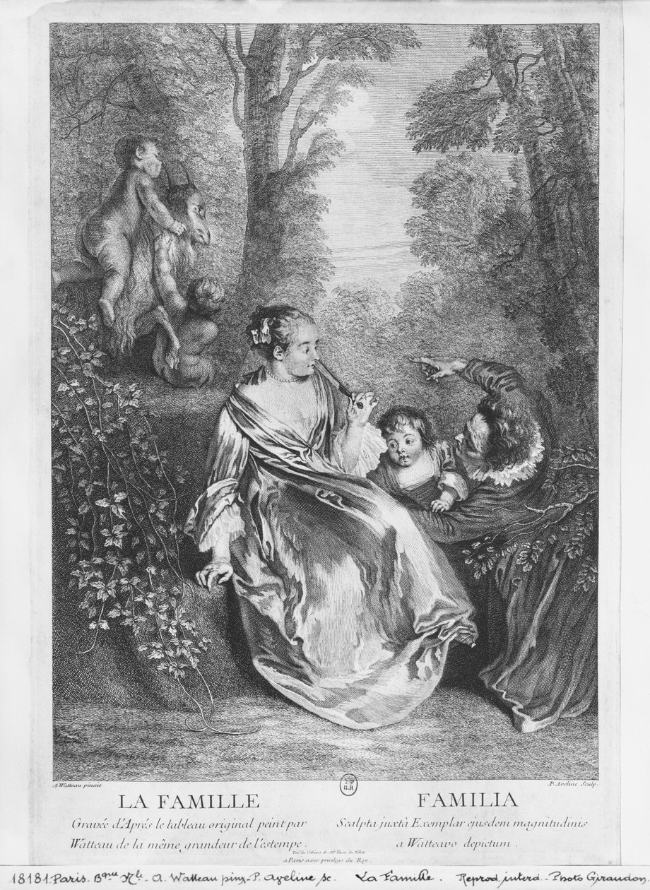 Familien, graveret af Pierre Aveline (ca. 1656-1722) af Jean Antoine Watteau