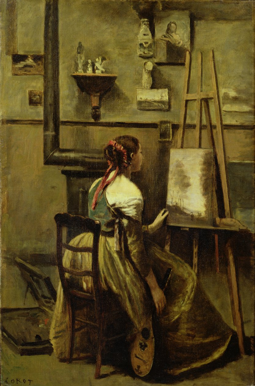 The Studio of Corot, eller ung kvinde siddende foran et staffeli, 1868-70 af Jean Baptiste Camille Corot