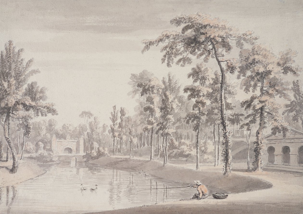The Grotto and the Temple of Contemplation, Stowe, 1752 (pen og blæk med vask over grafit på papir) af Jean Baptiste Claude Chatelain